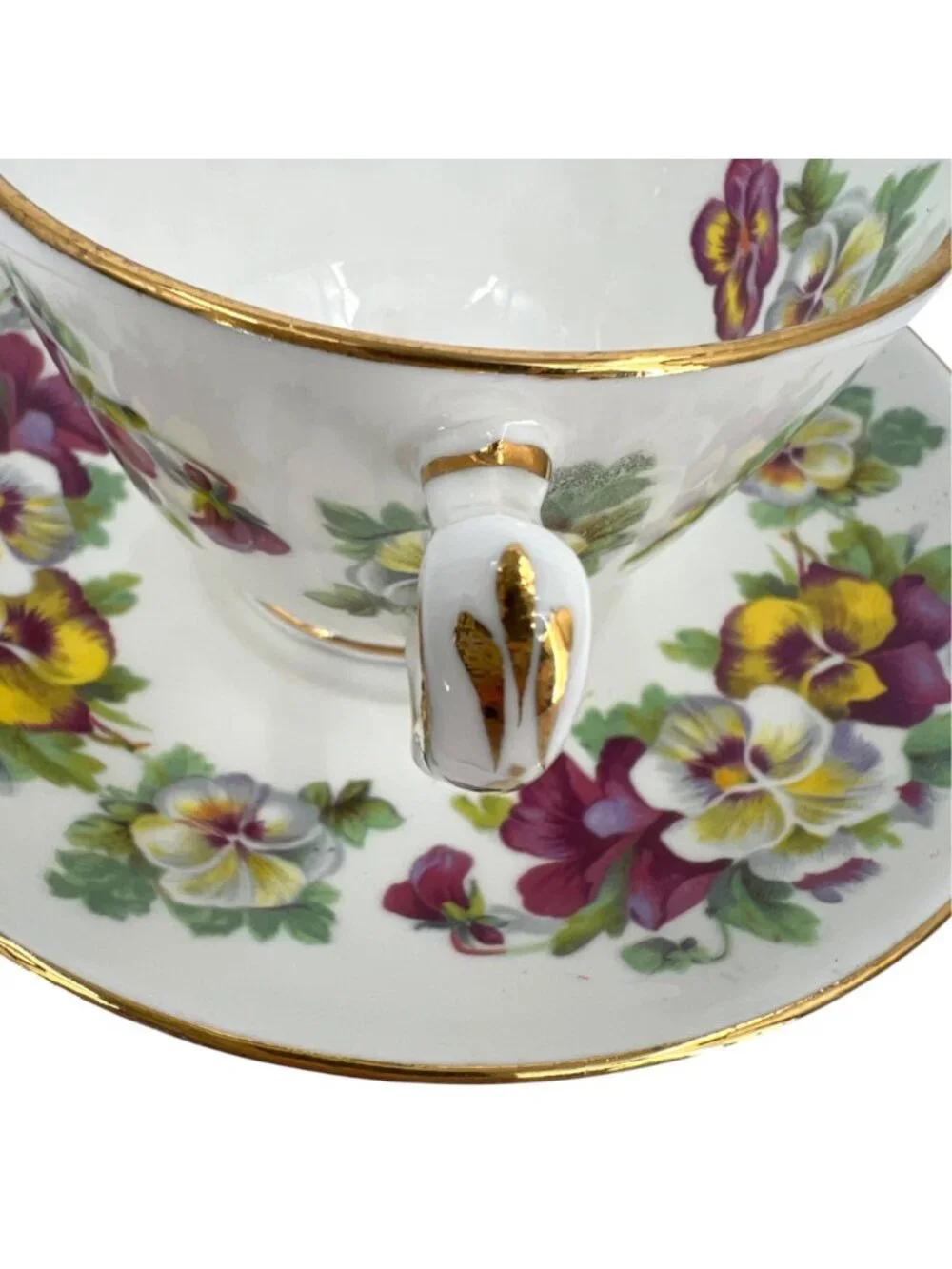 Crown Staffordshire England Purple Yellow Pansies Gold Trimmed F15069